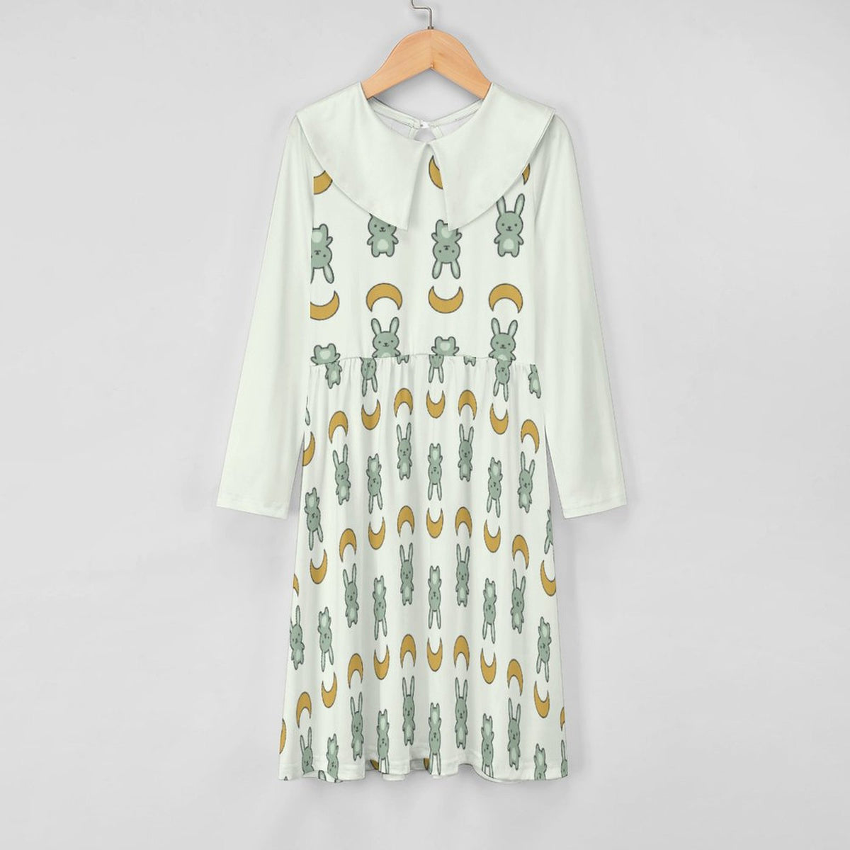 Cute Bunny & Moon Collar Long Sleeve Girls Dress | AOP