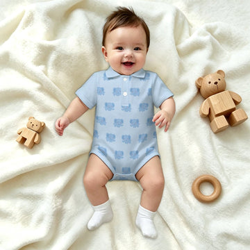 Baby Blue Elephant Print Polo Romper (200GSM)