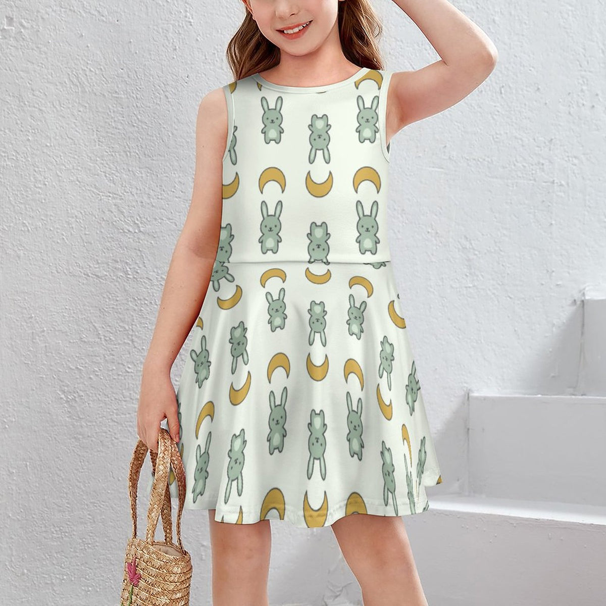 Cute Bunny & Moon Print Girls Tank Dress | Custom AOP