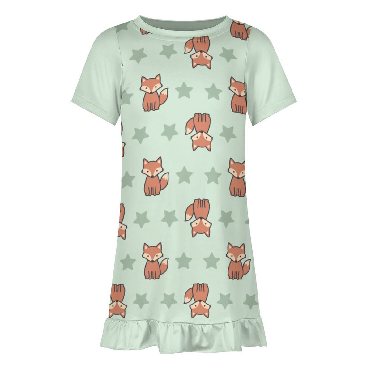 Cute Fox Print Girls Ruffle Hem Dress | Short Sleeve
