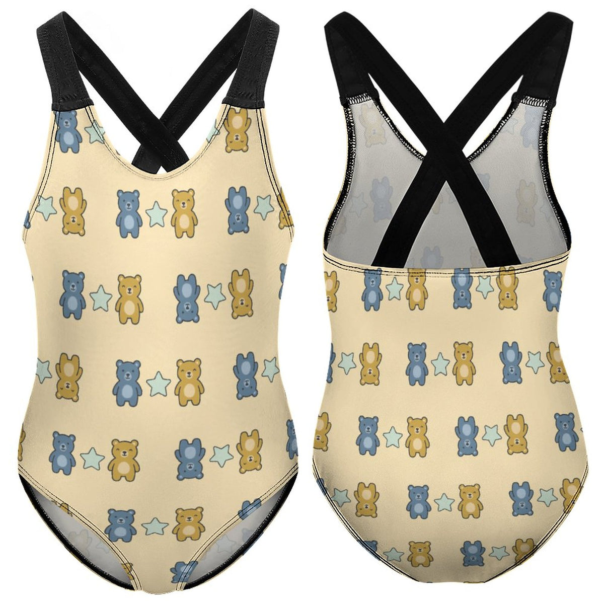 Cute Teddy Bear Cross-Back Girls Swimsuit | Custom AOP