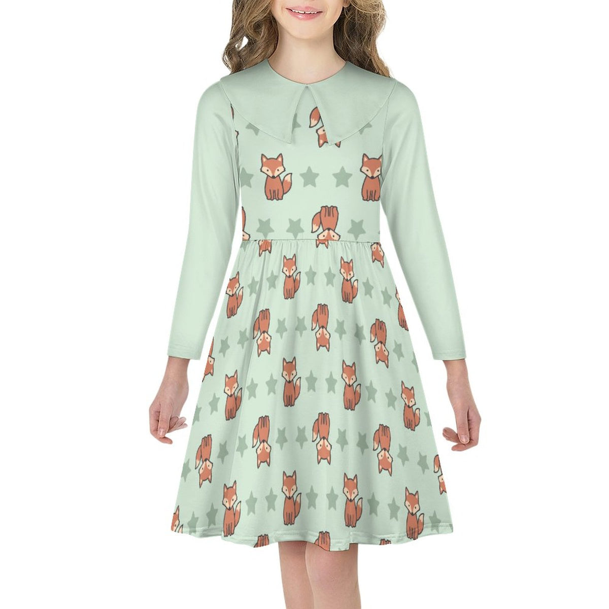 Cute Fox Print Peter Pan Collar Girls Long Sleeve Dress