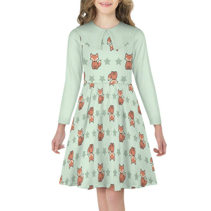 Cute Fox Print Peter Pan Collar Girls Long Sleeve Dress