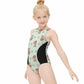 Cute Fox Print Zip Front Girls Swimsuit | Color Block