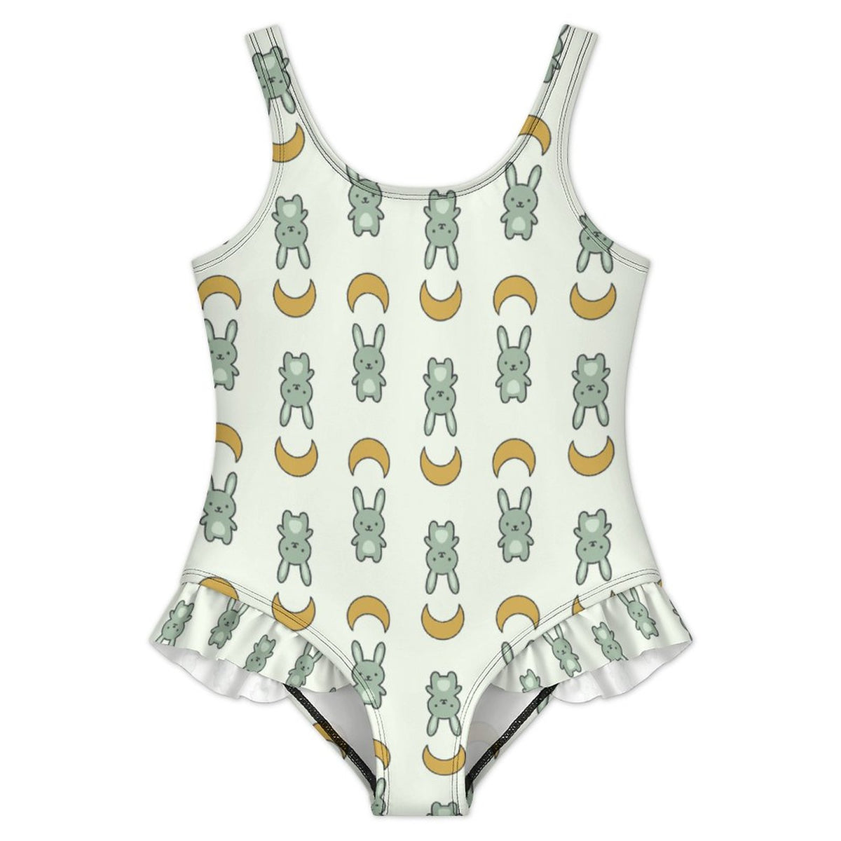 Girls Cute Bunny & Moon Print Ruffle Trim Swimsuit