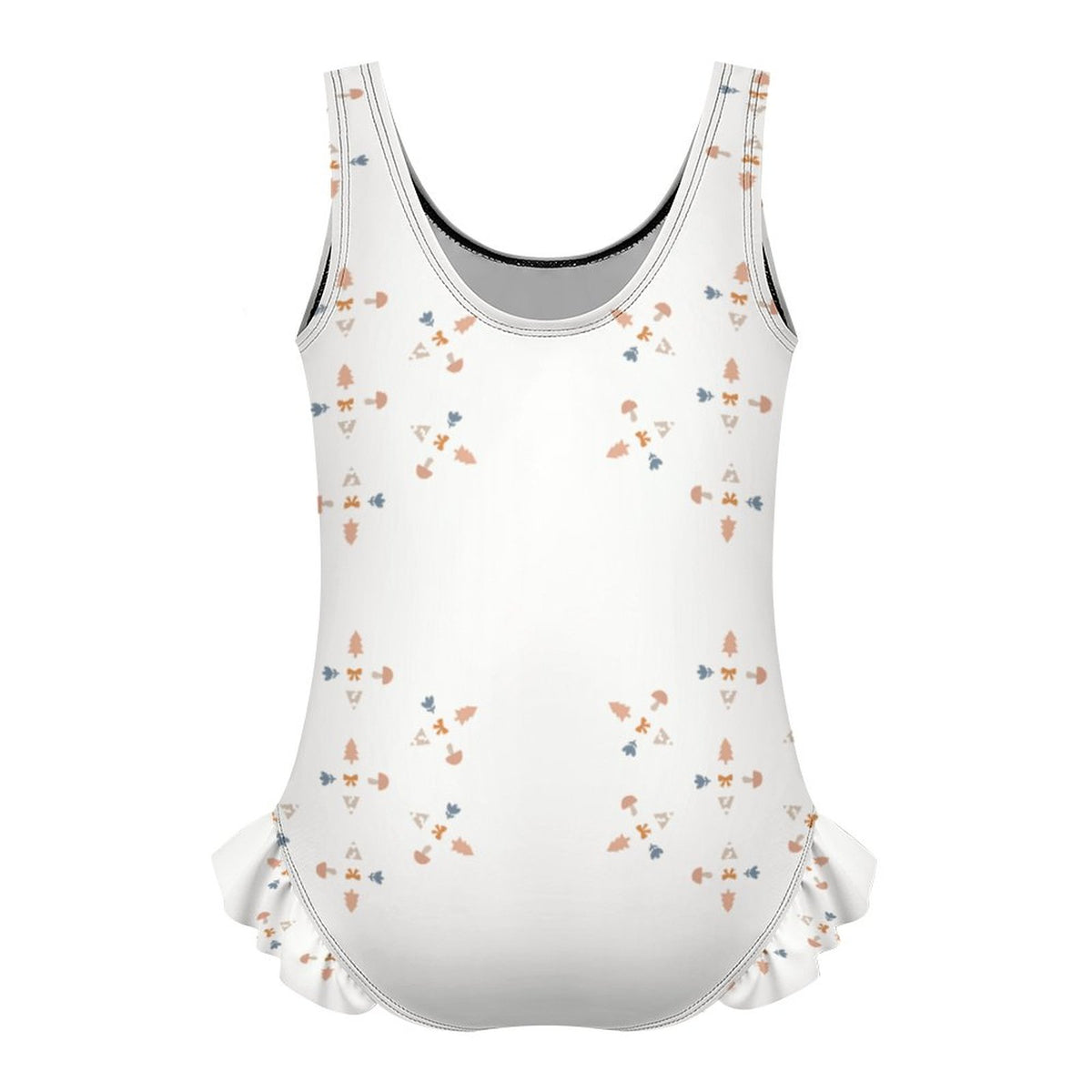 Girls' White Geometric Patterned Ruffle Hem Swimwear