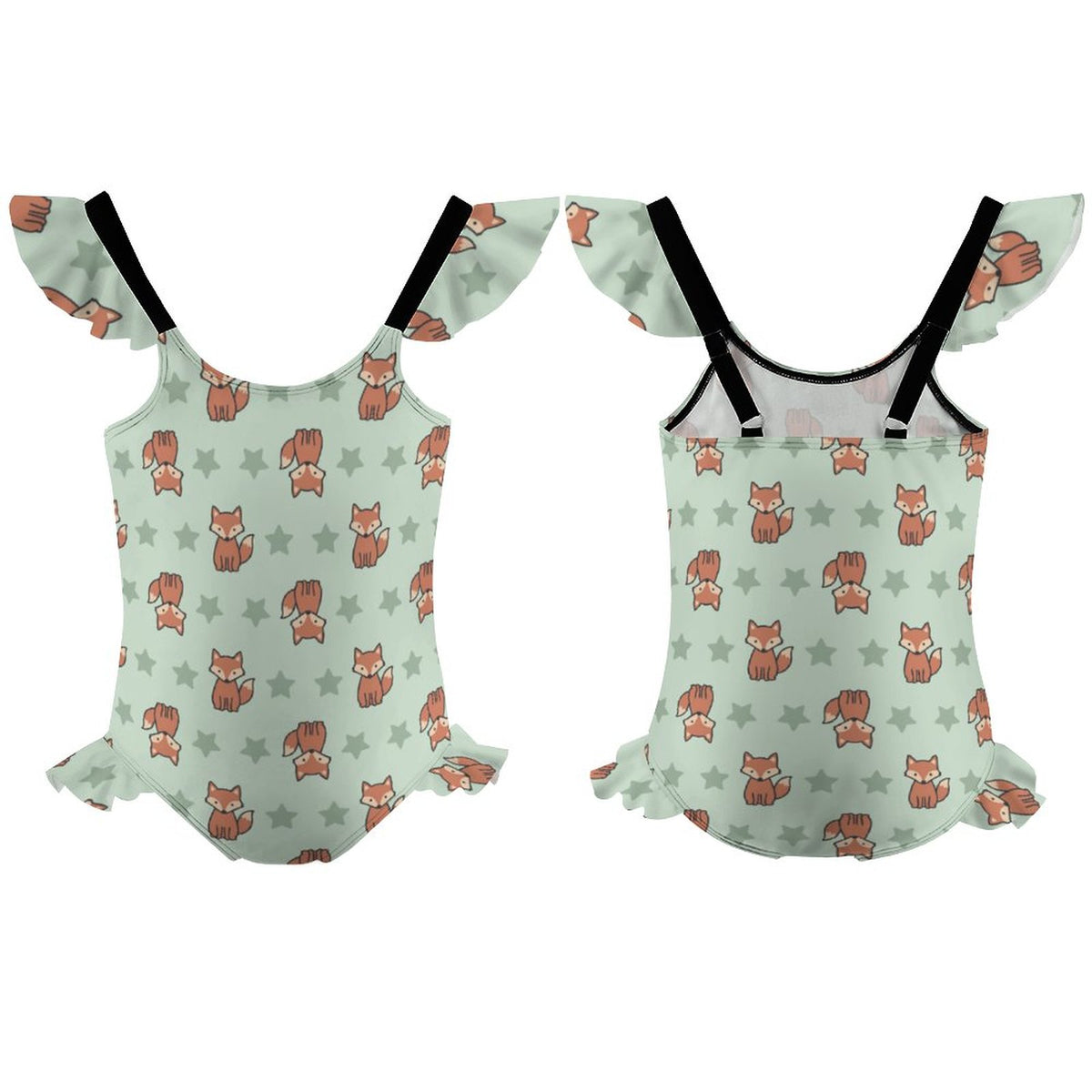 Cute Fox Print Girls One-Piece Swimsuit | Ruffle Trim