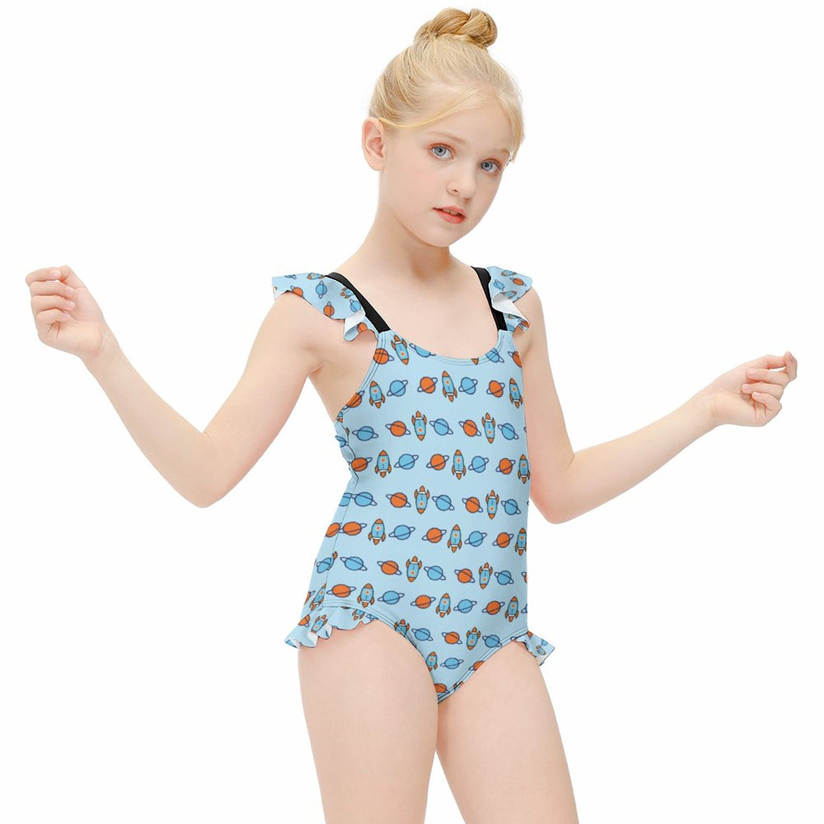 Outer Space Rocket Double Ruffle Girls Swimsuit