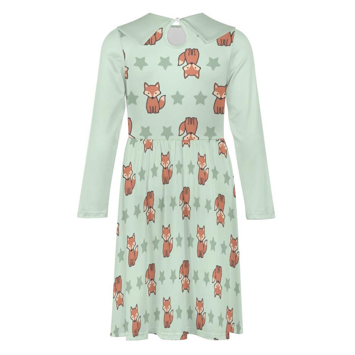 Cute Fox Print Peter Pan Collar Girls Long Sleeve Dress