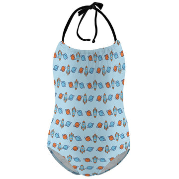 Outer Space Rocket Halter One-Piece Girls Swimsuit