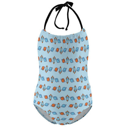 Outer Space Rocket Halter One-Piece Girls Swimsuit