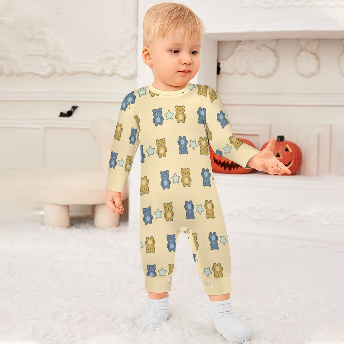 Teddy Bear Print Long Sleeve Baby Romper | Custom AOP