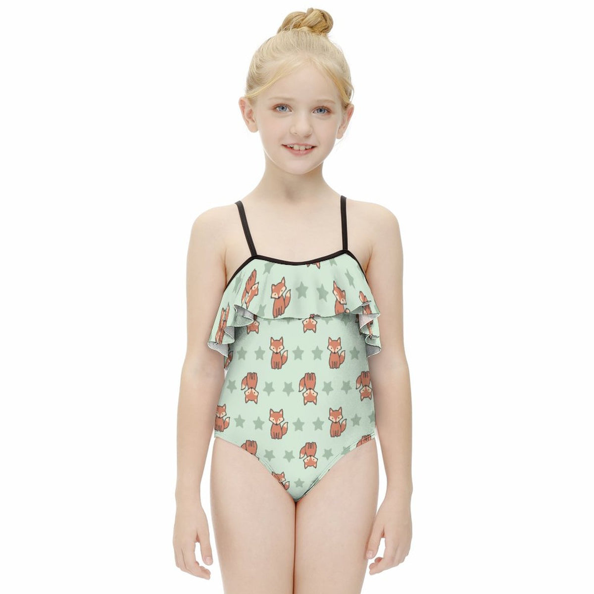 Cute Fox Print Ruffle Off-Shoulder Girls Swimsuit
