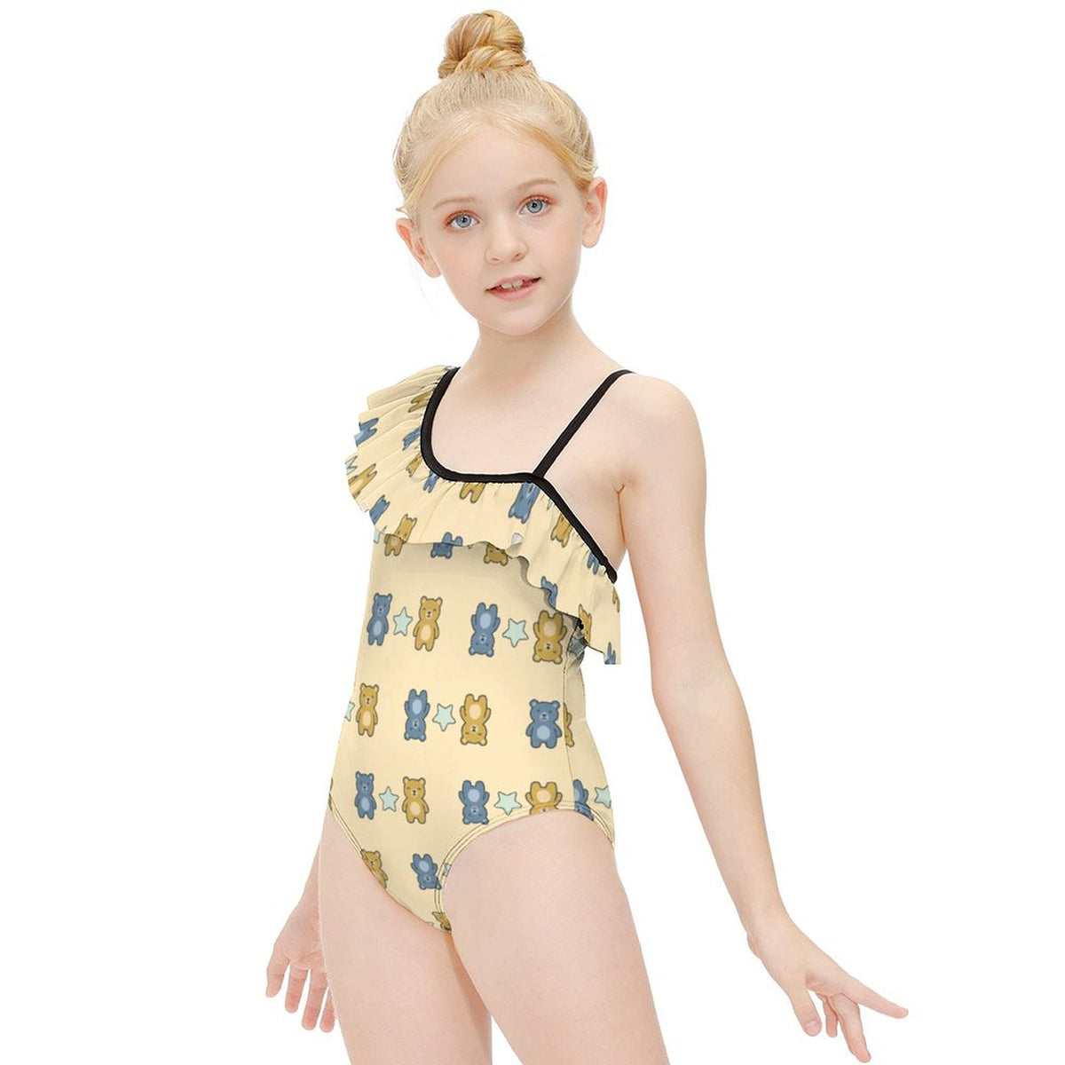 Cute Teddy Bear One-Shoulder Girls Swimsuit | Ruffle