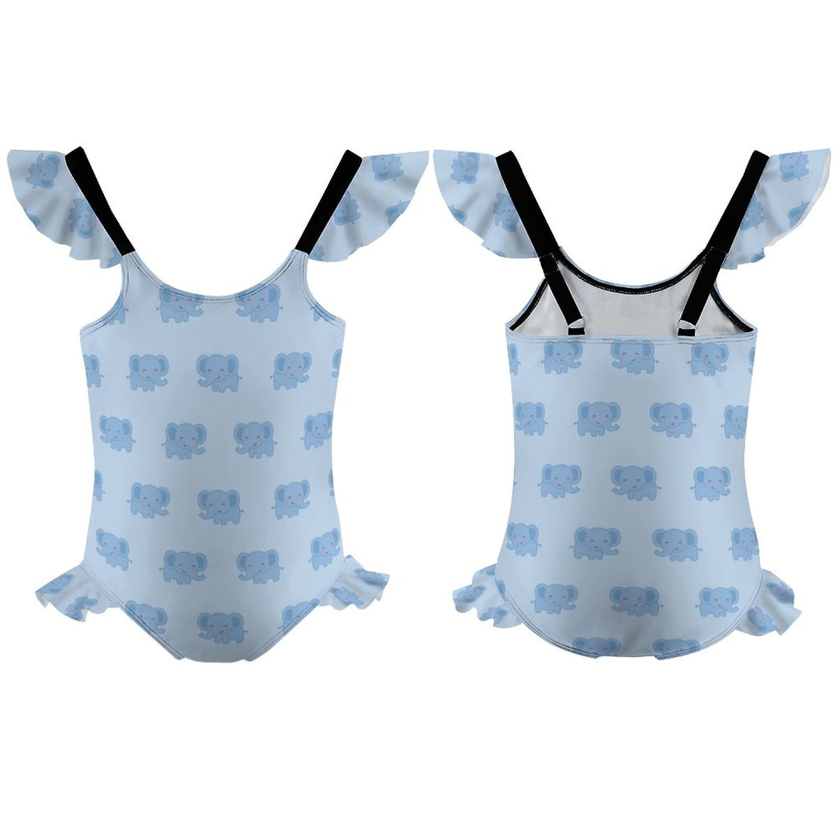 Girls' Light Blue Elephant Flutter Sleeve Swimsuit