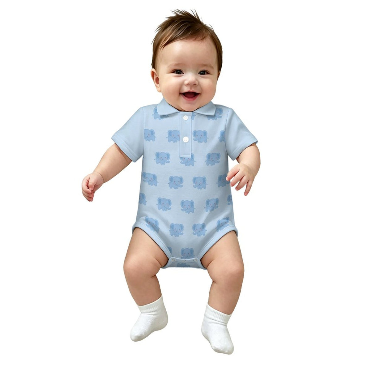 Baby Blue Elephant Print Polo Romper (200GSM)