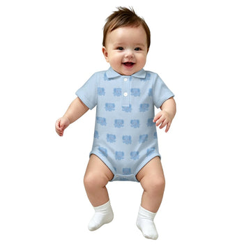 Baby Blue Elephant Print Polo Romper (200GSM)