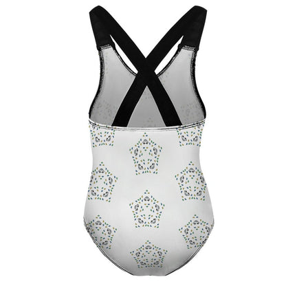Girls' White Geometric Star Athletic Bathing Suit