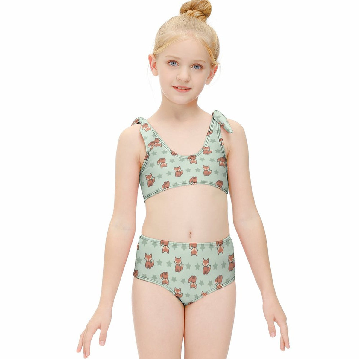 Cute Fox Print Tie-Strap Bikini Set for Girls | Custom AOP