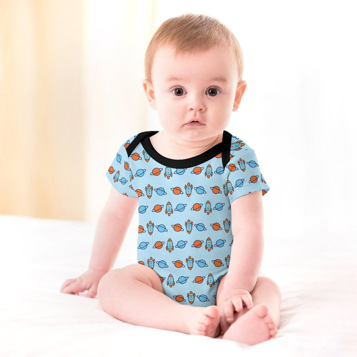 Outer Space Rocket Short Sleeve Baby Romper | 220gsm