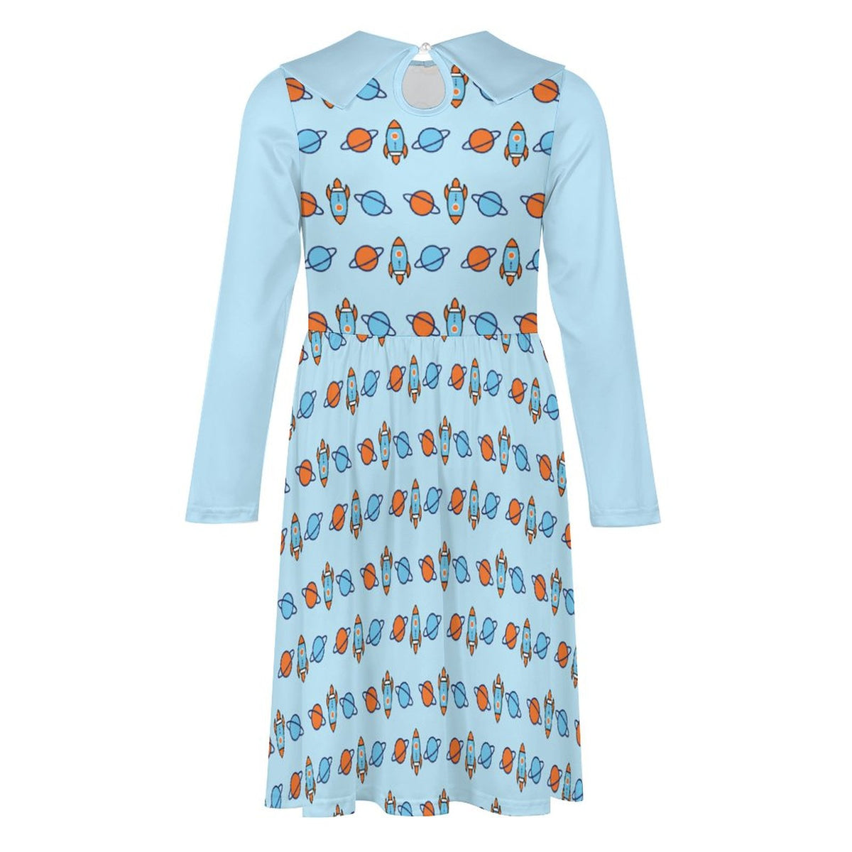 Space Rocket Collar Long Sleeve Girls Dress | AOP