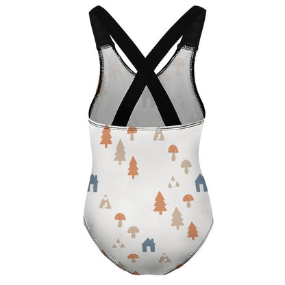 Girls' White Forest Pattern Crossback Swimsuit