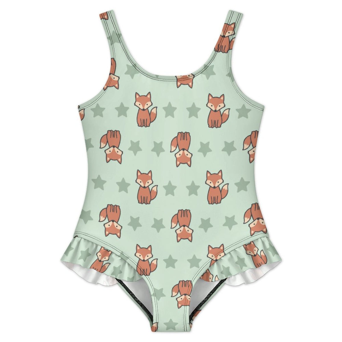 Girls Cute Fox Print Ruffled One-Piece Swimsuit