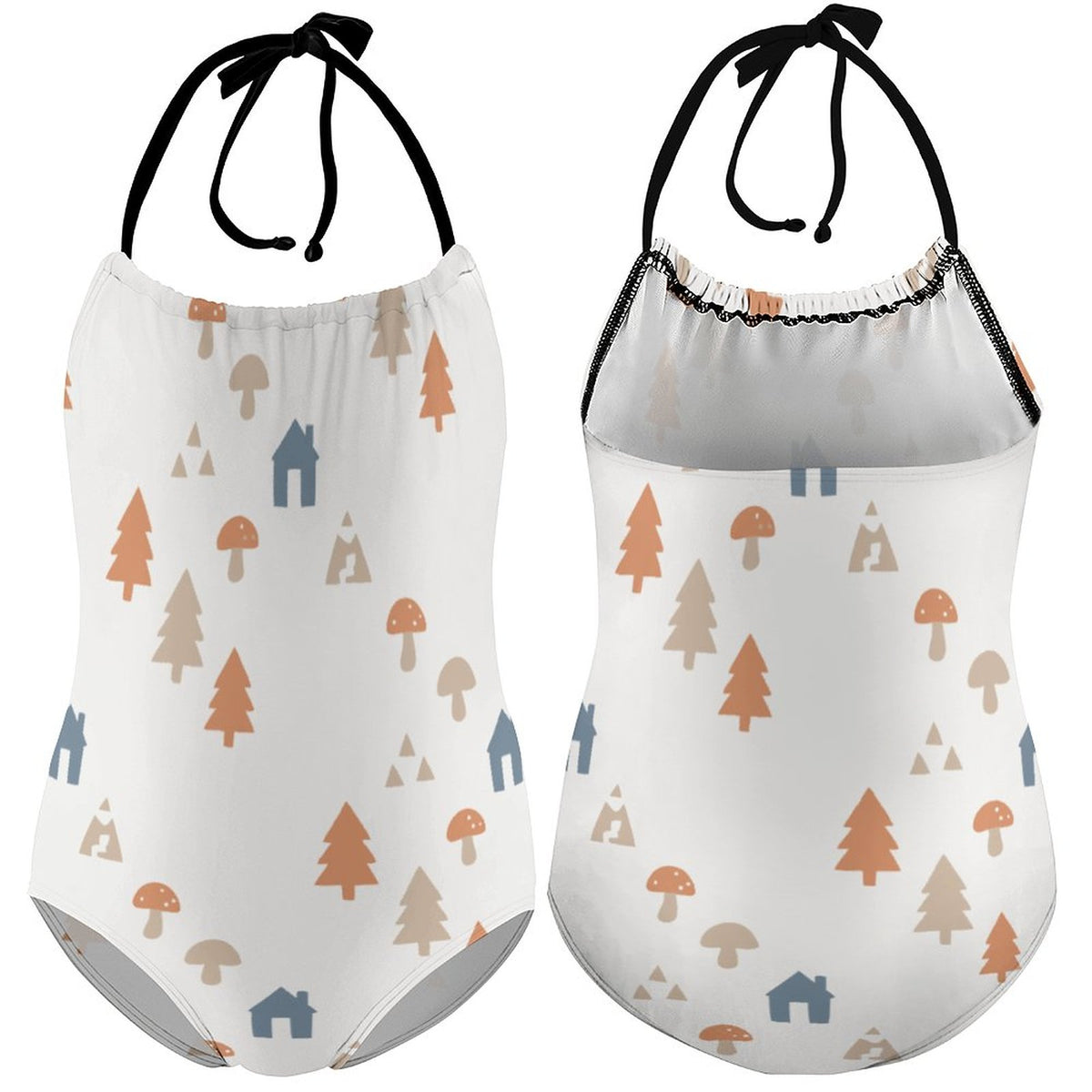 Girls' White Forest Pattern Halter Neck Swimsuit