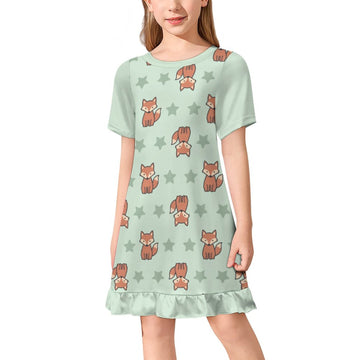 Cute Fox Print Girls Ruffle Hem Dress | Short Sleeve