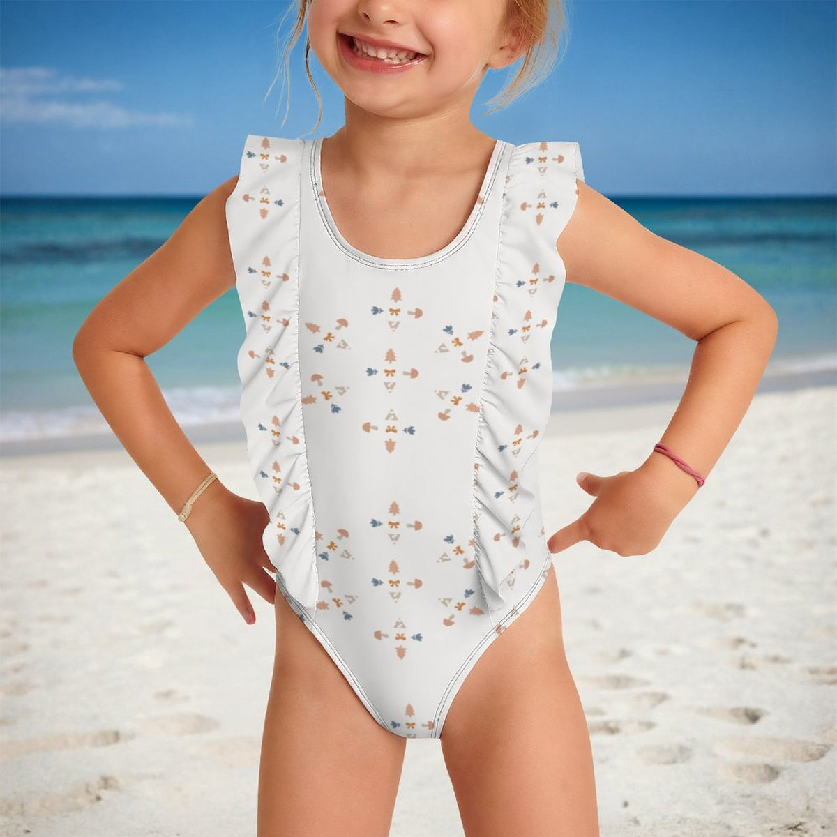 Girls' White Geometric Motif Front Ruffle Bathing Suit