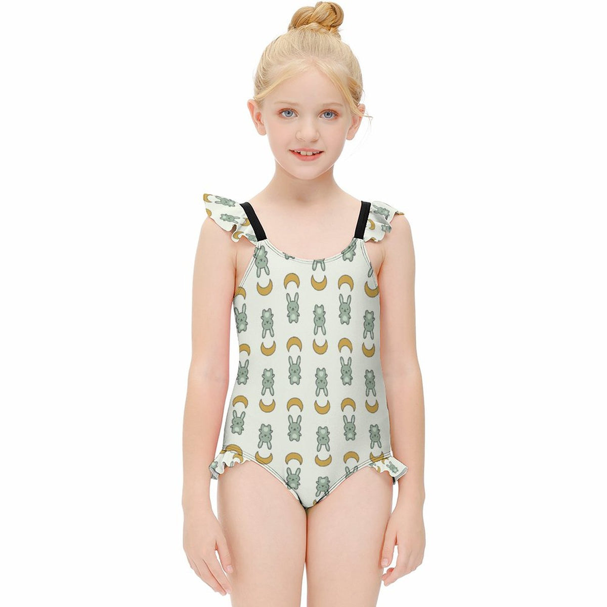 Cute Bunny & Moon Ruffle Strap Girls Swimsuit | AOP