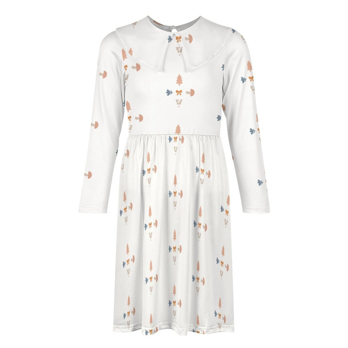 Girls' White Geometric Long Sleeve Flared Dress