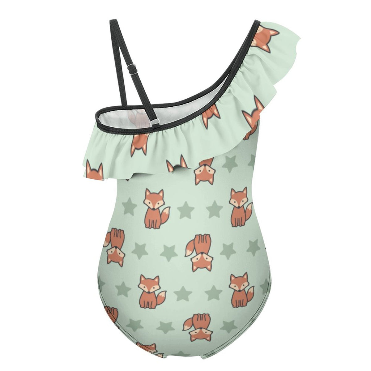 Cute Fox Print One-Shoulder Ruffle Swimsuit for Girls