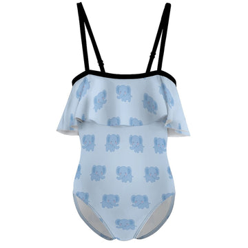 Girls' Blue Elephant Print Off-Shoulder Swimsuit