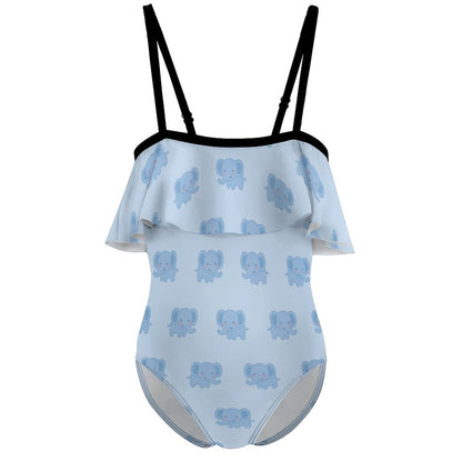 Girls' Blue Elephant Print Off-Shoulder Swimsuit