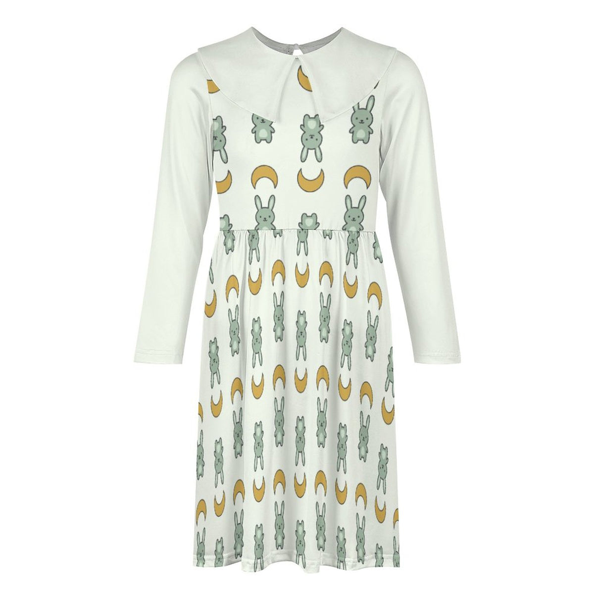 Cute Bunny & Moon Collar Long Sleeve Girls Dress | AOP