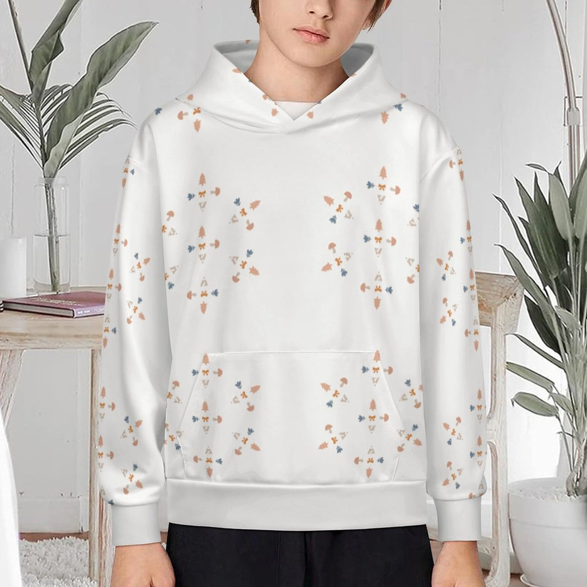 230GSM White Geometric Patterned Kids' Hoodie