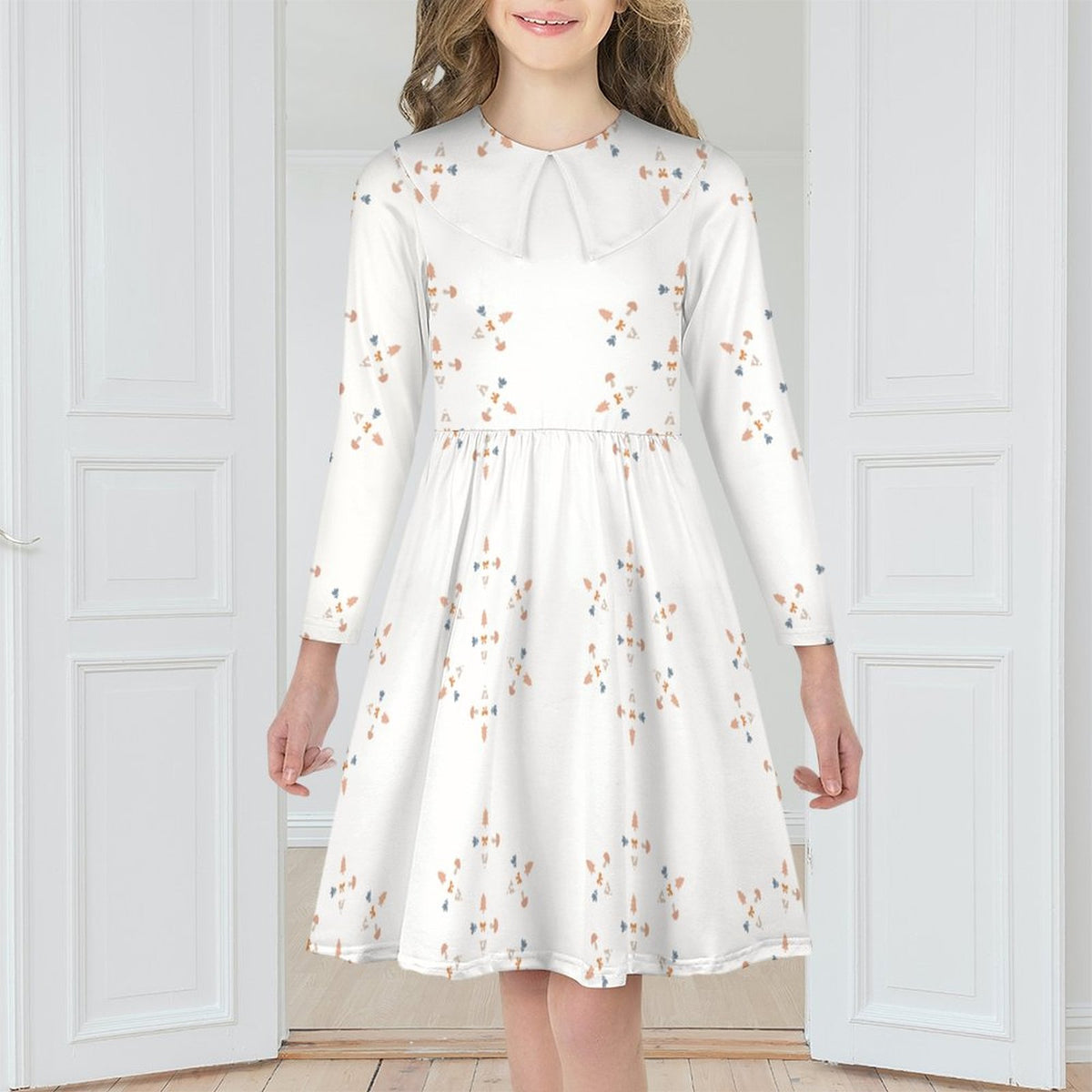 Girls' Geometric Print Long Sleeve A-Line Collar Dress