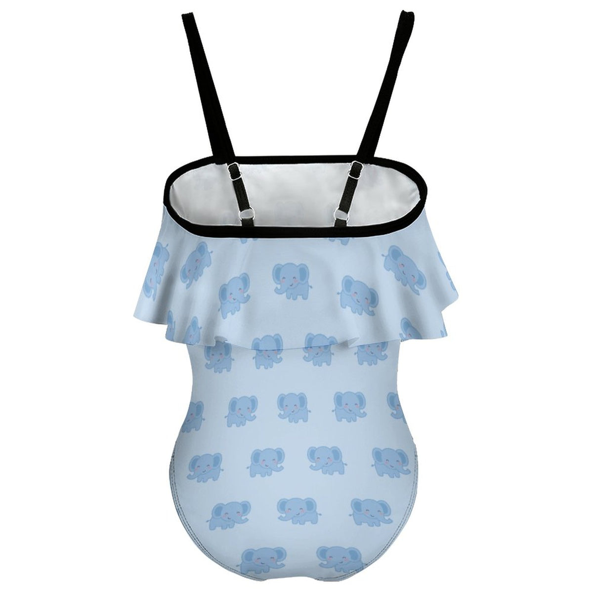 Girls' Blue Elephant Print Off-Shoulder Swimsuit