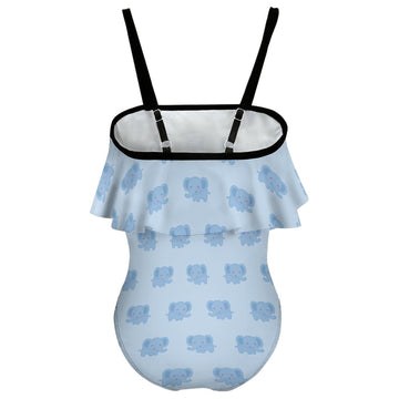Girls' Blue Elephant Print Off-Shoulder Swimsuit