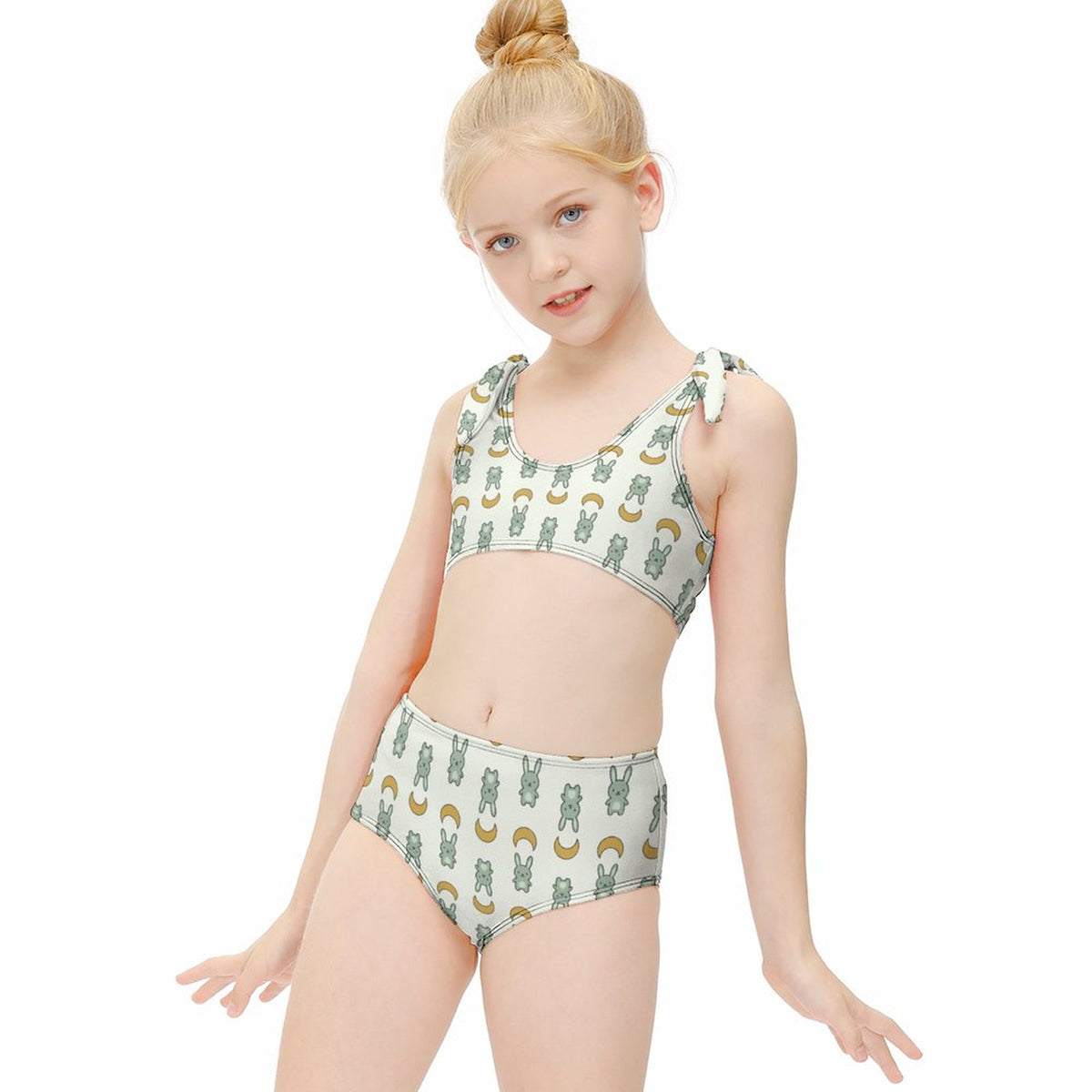 Cute Bunny & Moon Tie Shoulder Girls Bikini Set | AOP