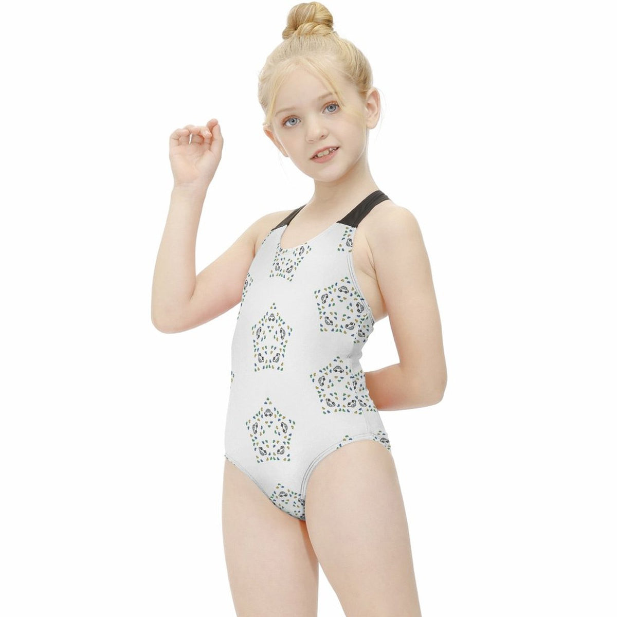 Girls' White Geometric Star Athletic Bathing Suit