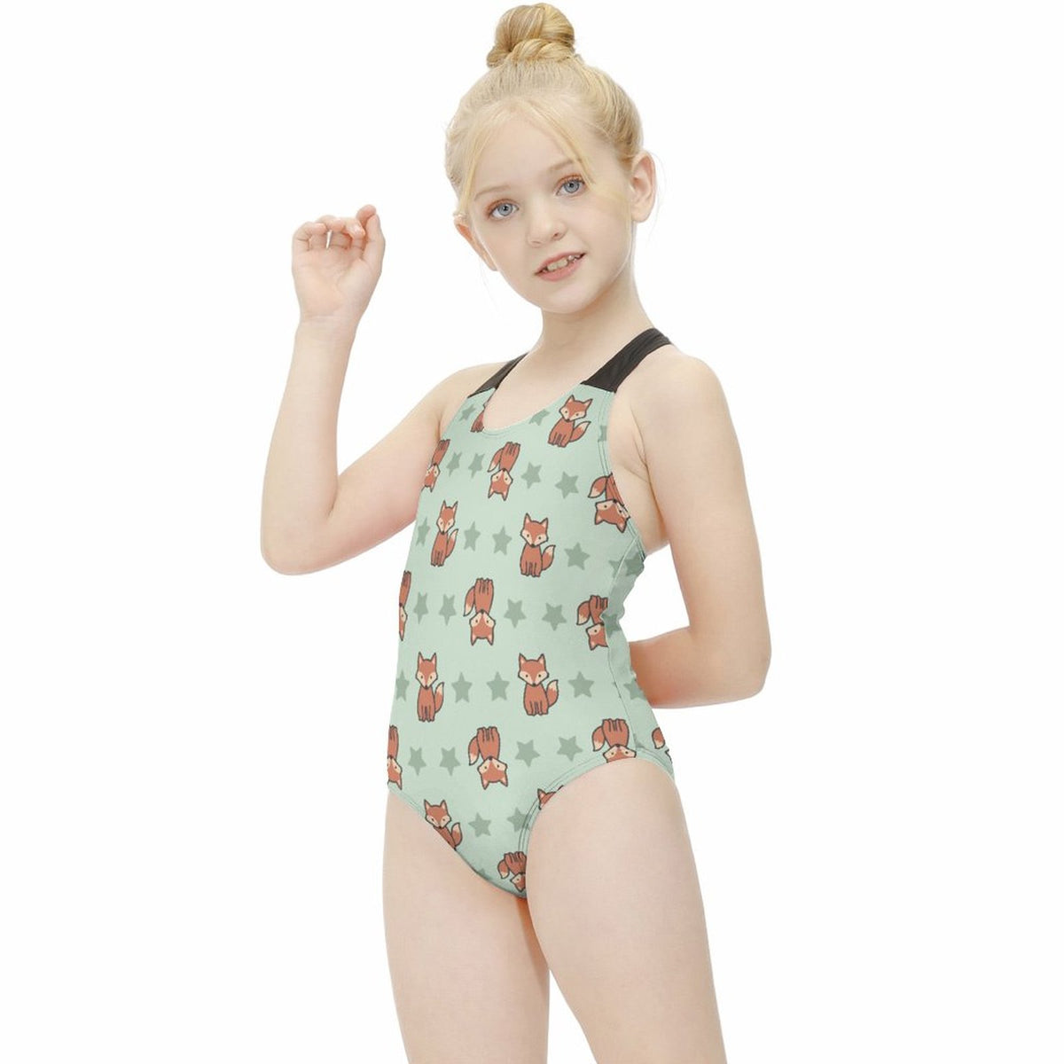 Cute Fox Print Cross-Back Girls Swimsuit | Custom AOP