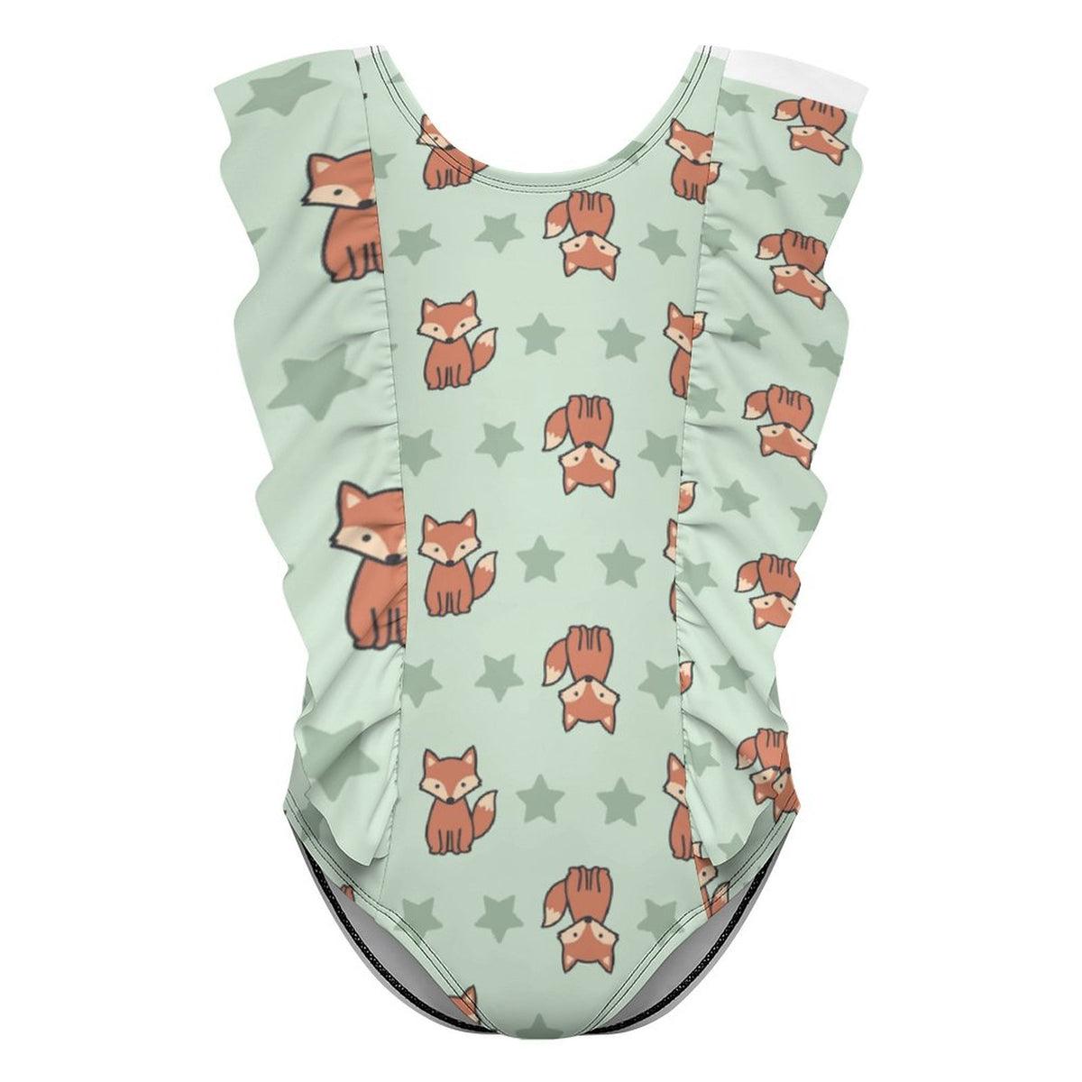 Girls Cute Fox Print Ruffle Shoulder One-Piece Swimsuit