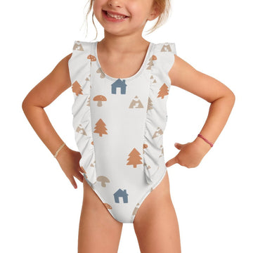 Cute Woodland Print Frill Shoulder Girls' Swimsuit