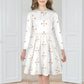 Girls' White Geometric Long Sleeve Flared Dress