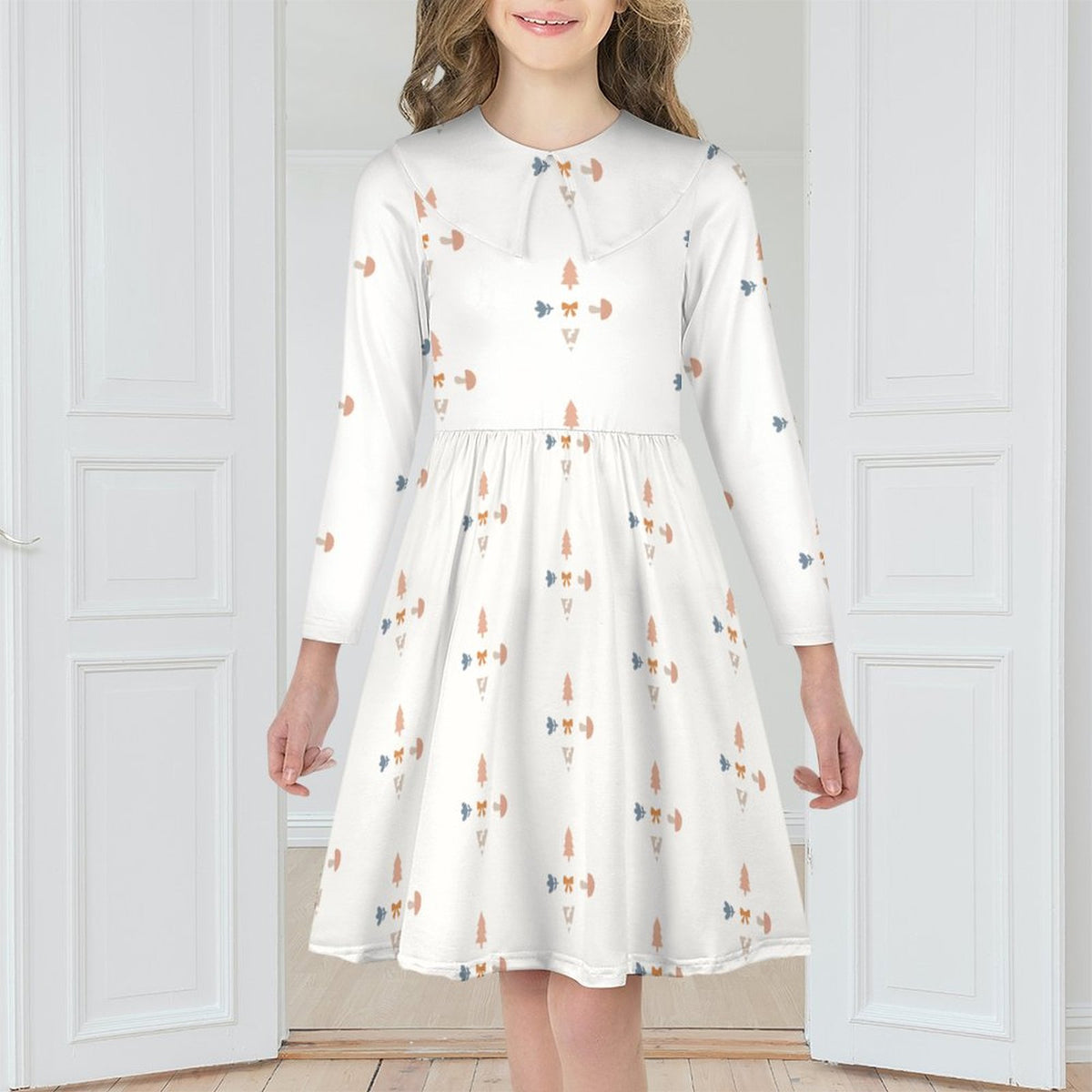 Girls' White Geometric Long Sleeve Flared Dress