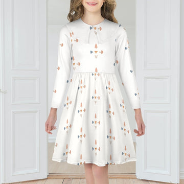 Girls' White Geometric Long Sleeve Flared Dress