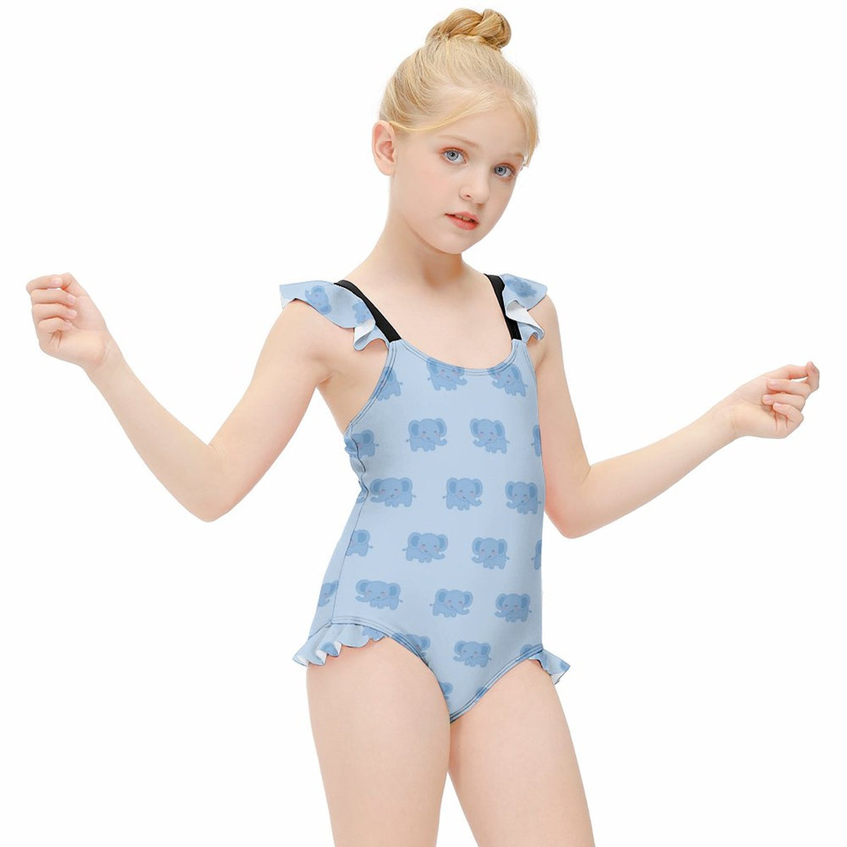 Girls' Light Blue Elephant Flutter Sleeve Swimsuit