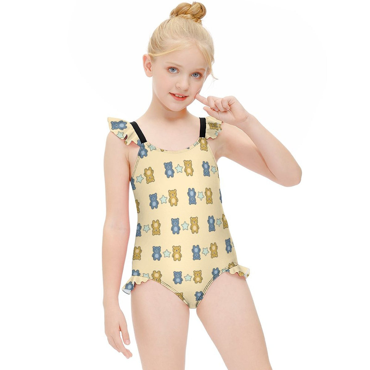 Cute Teddy Bear Girls One-Piece Swimsuit | Ruffle Trim